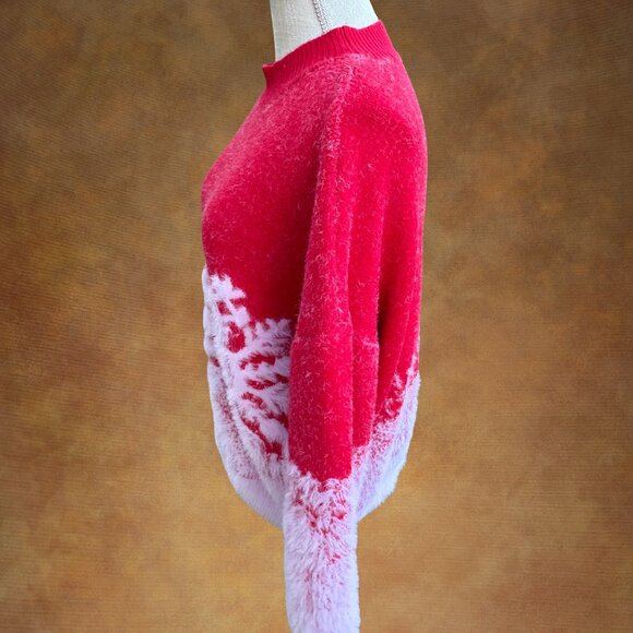 ANDTHEWHY Fuzzy Snowflake Red and White Ombre Thick Winter Sweater M/L - Picture 7 of 9